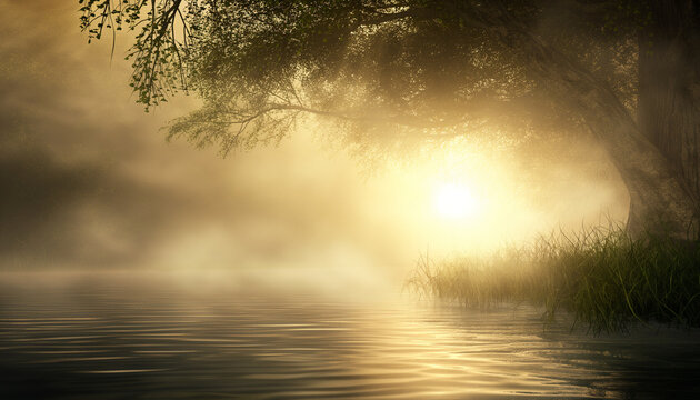A misty morning scene with the sun rising, casting a warm glow over a serene lake. The image captures a sense of tranquility and the beginning of a new day full of possibilities