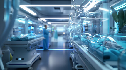 Obraz premium A neonatal intensive care unit with dedicated nurses and doctors tending to premature babies in incubators, showcasing advanced medical care and compassion
