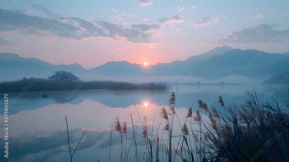 Poster sunset over the lake with mountains in the distance