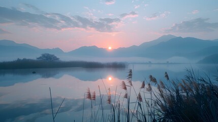 Sunset over the lake with mountains in the distance