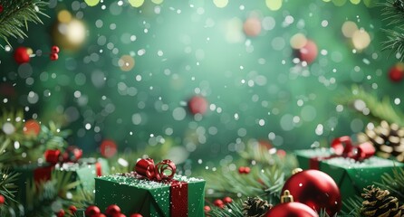 Green and red Christmas ornaments on a snowy background.