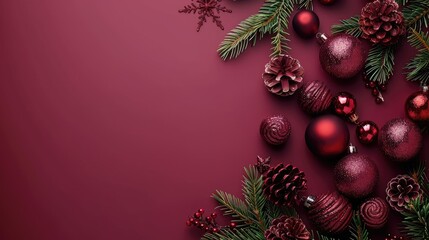 Pine branches and burgundy Christmas ornaments on a burgundy background. Christmas, New Year concept. Flat lay, top view, copy space.