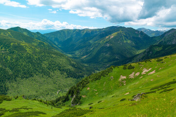 Fototapeta premium Beautiful mountain landscape in summer. Green grass, high rocks, blue sky and white clouds. Natural background. Tatra Mountains