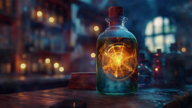 A magic potion with symbols in an antique shop