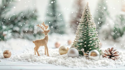 Small christmas tree and golden reindeer in the snowy forest.