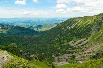View from the top of the mountain. Beautiful mountain landscape in summer. Tatra Mountains