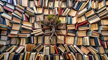 Obraz premium Pile of colorful books on a shelf in a public library.