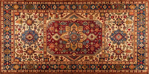 Traditional carpet featuring mystical symbols and designs, mystical, themed, traditional, carpet, rug, pattern, design
