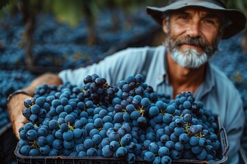 Obraz premium A seasoned grape farmer proudly holds a basket filled with ripe grapes, standing in a lush vineyard, representing the nurturing and harvesting essence of viticulture.
