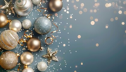 Fototapeta premium Christmas and New Year background with balls, stars and glitter.