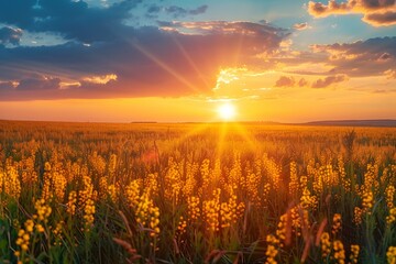 Field of yellow flowers at sunset