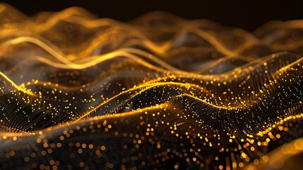 Wave flow of digital particles in gold hue or spread by wind very detailed and realistic shape