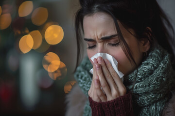 Closeup of woman sneezing and holding tissue due to allergic rhinitis