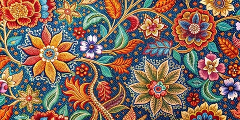 Traditional Malaysian batik pattern with intricate floral motifs in vibrant colors, traditional, Malaysia, batik, pattern