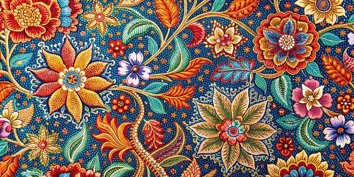 Traditional Malaysian batik pattern with intricate floral motifs in vibrant colors, traditional, Malaysia, batik, pattern