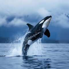 Fototapeta premium A killer whale leaps into the middle of the sea.
