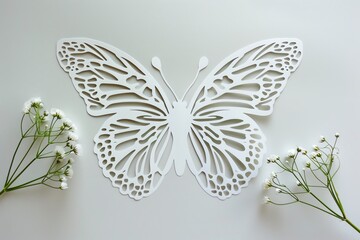 Elegant white paper-cut butterfly with intricate details, surrounded by delicate flowers on a light background.