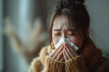 Closeup of woman sneezing and holding tissue due to allergic rhinitis