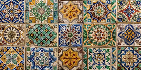 Various old colored tiles with intricate patterns, vintage, retro, mosaic, colorful, design, texture, background, vibrant