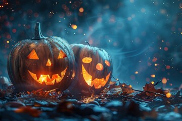Fototapeta premium Two illuminated jack-o'-lanterns sitting on the ground with fog and falling leaves during halloween night