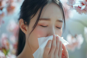 Closeup of woman sneezing and holding tissue due to allergic rhinitis