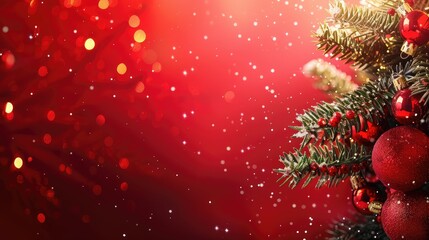 Christmas tree with red and gold ornaments on a red background with falling snow.