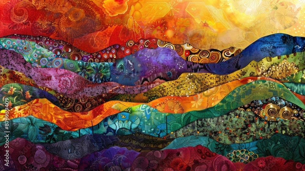 Poster contemporary art piece with layers of vibrant colors and intricate patterns, inviting the viewer to 