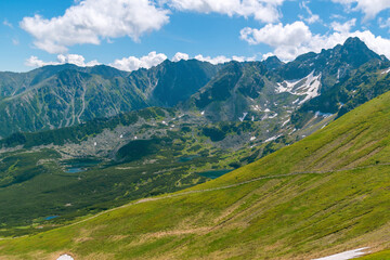 Beautiful mountain landscape in summer. Green grass, high rocks, blue sky and white clouds. Natural background. Tatra Mountains