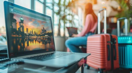 A booking hotel for vacation online, with a computer displaying a travel website and modern technology, Tour reservation, Booking online concept.