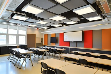 A modern classroom ceiling with recessed lighting and acoustic panels for better sound quality.