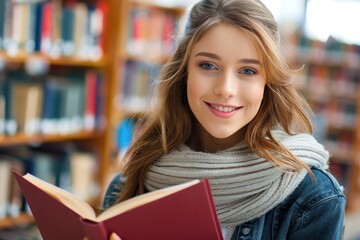 Beautiful student girl smiling and holding a book at the library
