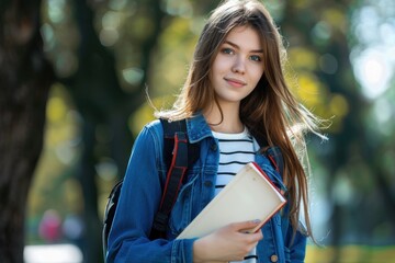 Confident student girl holding book and posing in autumn park