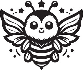 A cute flying bee on a sunflower black and white flat design silhouette vector art icon illustrations

