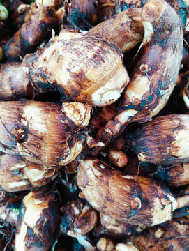 Closeup of Taro root vegetable starchy food closeup arbi arvi taroroot colocasia esculenta inhame, inhame-coco, matabala, malanga, tropical plant rootfood, colocasia esculenta, eddo, dasheen photo 
