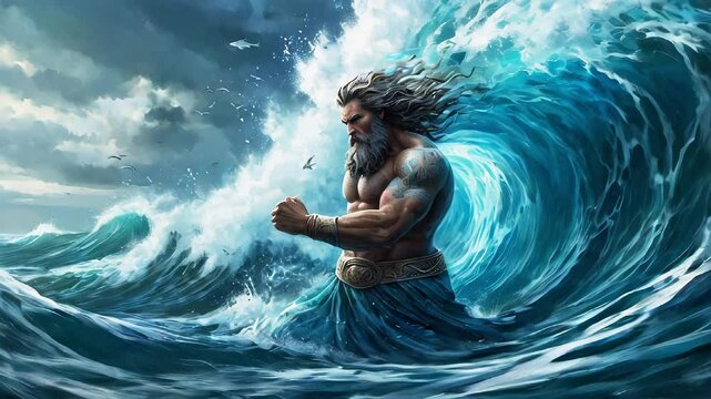 Poseidon, the Greek god of the seas, surrounded by ocean waves