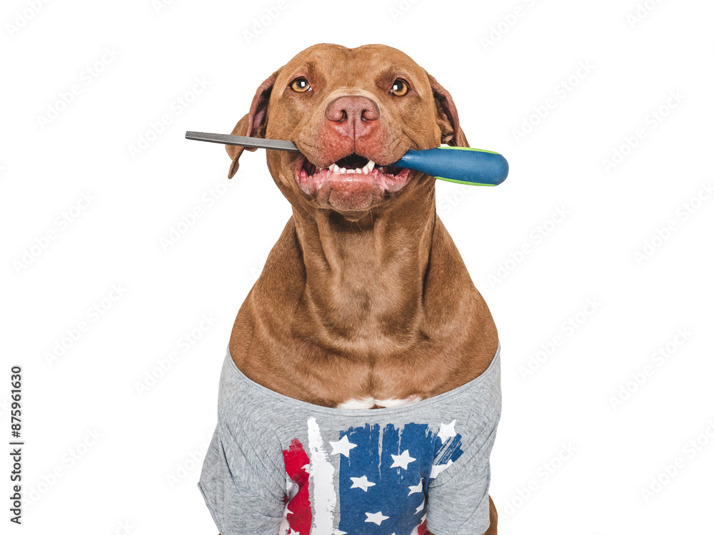 Wall mural Cute brown dog, American Flag and file. Close-up, indoors. Studio shot. Congratulations for family, relatives, loved ones, friends and colleagues. Pets care concept