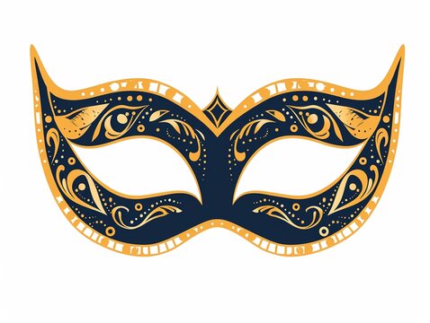 Elegant masquerade ball clipart, gilded masks, flat art, simple cartoon 2D emblem
