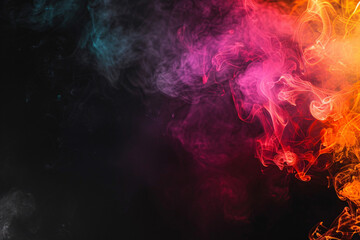 Colorful swirls of smoke in red orange purple and blue hues blend artistically on a dark background forming a vibrant abstract image with a dynamic flow