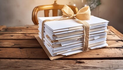 A stack of blank white paper sheets tied with a ribbon on a vintage desk.