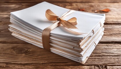 A stack of blank white paper sheets tied with a ribbon on a vintage desk.