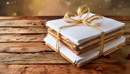 A stack of blank white paper sheets tied with a ribbon on a vintage desk.