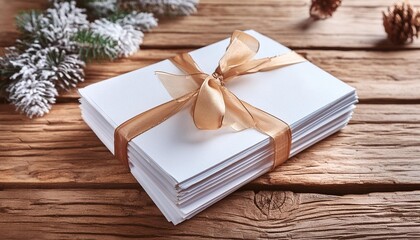 A stack of blank white paper sheets tied with a ribbon on a vintage desk.