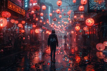 Scenic Urban Night Street with Red Lanterns Illuminating Wet Pavement and Figures Walking in the Rainy Alleyway Reflecting Neon Lightsurban