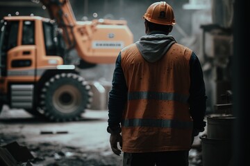 Back view of manager in construction site in city street.