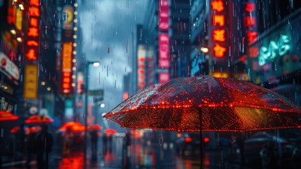 Vibrant neon-lit city street during a rainy night with illuminated red umbrellas creating reflections on the wet pavementcity street