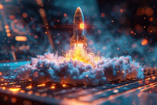 Futuristic rocket launching from a computer keyboard with vibrant lights, digital particles, and intense orange and blue hues symbolizing innovation and technologyrocket