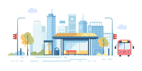 Modern city bus stop with urban buildings as a flat vector illustration on a white background. A cityscape element that could be used for travel concept or transport advertising.