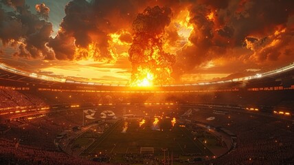 The Spectacular Fiery Sky Over Stadium Evening Event with Massive Flames and Dramatic Sunset Clouds Captured in Stunning Photographyexplosion