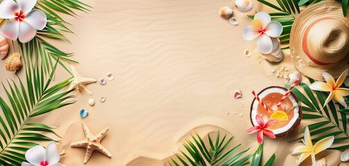 Beach accessories, palm leaves, seashells, flower and an exotic coconut cocktail on sand, top view
