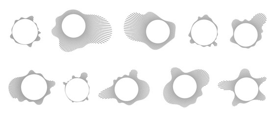 Music equalizer and sound wave. Circular sound waves, depicting audio music,icons and logos for equalizers, radial spectrum designs, ring patterns. Vector illustrations isolated on white background.